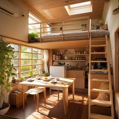 a loft bed is built into the side of a house