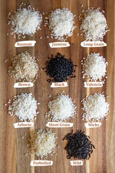 an image of different types of rice on a cutting board with words written in them