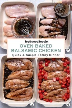 four images showing how to make oven baked balsamic chicken for family dinners