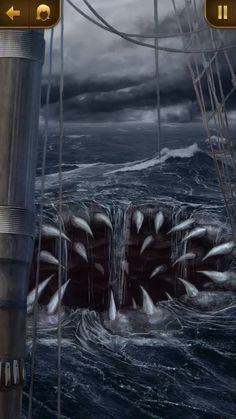 an image of a ship in the ocean with waves coming up from it's hull