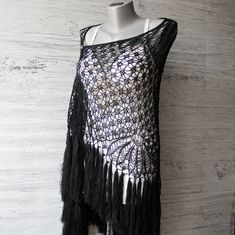 "Black shawl with fringe made of soft merino wool silk blended yarn  *Shawl can be made with fringes and without it *Length: about 37.7\"(96cm) width about 78,7\"(200cm) *Black lace shawl is gorgeous accessory for Boho Gothic, Witch, Victorian wedding dress *Amazing anniversary gift for wife *Other custom colors available! *Wash by hands in warm water, lay flat to dry *Other wedding shawls you can see here: https://www.etsy.com/shop/LacyStories?ref=seller-platform-mcnav&section_id=22735236" Bohemian Shawl Cape With Fringe, Handmade Black Bohemian Shawl, Handmade Black Shawl Poncho, Bohemian Shawl Dupatta With Fringe, One Size Elegant Shawl With Fringe, Elegant One Size Fringe Shawl, Elegant One Size Shawl With Fringe, Elegant One-size Shawl With Fringe, Yarn Shawl