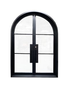 an arched window on a white wall with black frame and glass door, viewed from the outside