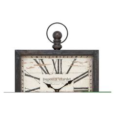 an old clock with roman numerals is displayed against a white background for display