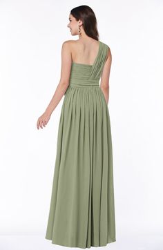 a woman in a long green dress with one shoulder and pleaed detail on the back