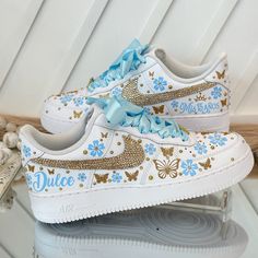 🌸 Step into your special celebration with style and grace, courtesy of our exquisite custom Nike shoes. These sneakers have been transformed to add a touch of elegance to your Sweet Sixteen or Quinceañera party, ensuring you stand out on your big day. 🌸 Who says sneakers can't be both chic and comfortable? We've redefined the rules! Our shoes are designed for dancing the night away without any discomfort. You can twirl and dance until dawn in absolute comfort. 🌸 Customization is at your finge Customizable Round Toe Wedding Shoes, Customizable Round Toe Wedding Shoes For Bridal Shower, Quince Shoes Sneakers, Quinceanera Shoes Heels, Sweet 16 Shoes, Quince Shoes, Light Blue Quinceanera Dresses, Quinceanera Shoes, Birthday Shoes