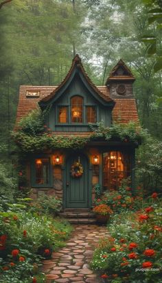 a small house in the woods surrounded by flowers and greenery, with a pathway leading to it