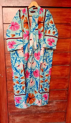 🌸 Introducing Our Stunning 100% Cotton Kantha Kimono Long Dress Jacket, Perfect For Any Occasion! 🌸 🎨 Hand Block Printed Using Natural Dyes, This Kimono Boasts A Beautiful Floral Pattern In A Vibrant Color That Will Make You Stand Out. 🎨 Cotton Kantha Kimono Handmade From Hand Block Printed Fabric. It Is Hand Printed Fabric Using Natural Dyes. Item - Indian Handmade Women Kantha Robe Bathrobe Kimono Dress, Gown, Beach Cover Up, Robe Material - 100% Cotton Color - Same As Picture  Size - One Long Dress Jacket, Kantha Kimono, Block Printed Fabric, Kimono Robes, Hand Printed Fabric, Dress Jacket, Bohemian Rhapsody, Block Printing Fabric, Dress Gown