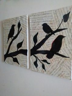 two pieces of art that have birds on them, one is black and the other is white