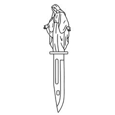 a black and white drawing of a knife with a statue in the background on it