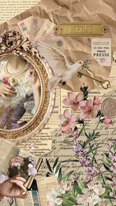 a collage of flowers, pictures and words is featured in this image with paper