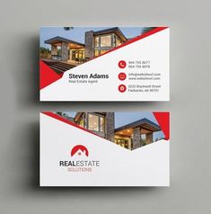 two real estate business cards on a gray background with red accents and a house in the background