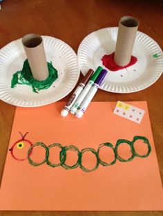 two paper plates and some crayons on a table