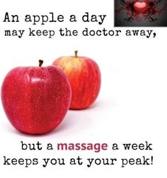 An apple a day may keep the doctor away, but a massage a week keeps you at YOUR peak!🍎🏃🍏 #weekly #routine #massagetherapy #facts #ALauraMassage 📞 (850)293-9602 Massage Appointments, Massage Pics, Massage Funny, Massage Art, Massage Ideas, Spa Quotes