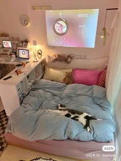 a cat laying on top of a bed in front of a flat screen tv mounted to the wall