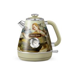 an electric tea kettle with a painting on the front and side panel, which has a clock in it