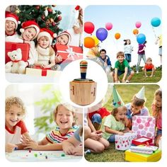 a collage of photos with children and presents