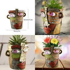 three different pictures of a planter with flowers in it