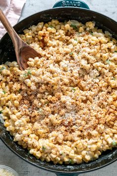 a skillet filled with macaroni and cheese