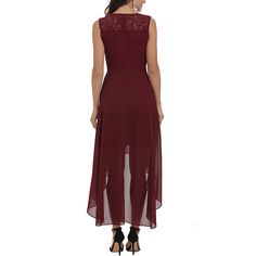 Burgundy Splicing Lace High Low Swing Party Dress Chiffon Lace Patchwork Party Dresses, Chiffon Party Dress With Lace Patchwork, Chiffon Lace Patchwork Dresses For Party, Sleeveless Patchwork Maxi Dress For Party, Red Spliced Dress For Party, Party Chiffon Dresses With Patchwork, Chiffon Patchwork Party Dresses, Summer Party Maxi Dress With Overlay, Chiffon Patchwork Dress For Party