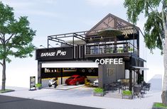 an artist's rendering of a coffee shop with a car parked in the garage