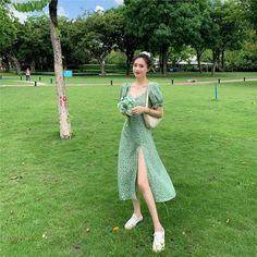 Dress With White Sneakers, A Line Dress Casual, Casual With Sneakers, Long Floral Dress, Cottagecore Fashion, Short Puff Sleeve, Chiffon Dress Long, Cottagecore Dress, Split Skirt