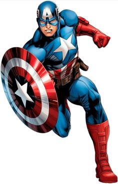 captain america flying through the air with his arms out and hands on his chest, while holding