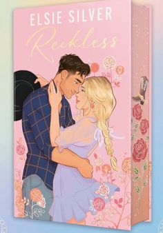 an illustration of a man and woman kissing in front of a pink background with flowers