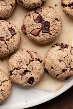 chocolate chip cookies are arranged on a plate