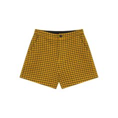 Go back in time and back to school with the Vintage Gold Collegiate Shorts. This pair of bottoms are youthful and playful yet sharp-looking. The shorts are mid-rise and reach down to about the mid-upper thigh area. 100% wool construction speaks to the undeniable Urlazh commitment to quality materials and construction. Wear with a simple white tee or pair with the matching Vintage U-Cat Collegiate Wool Vest to complete the look. Details: 100% wool shorts in gold checkered pattern Mid-rise Button Vintage Collegiate, Wool Shorts, Chic Business Casual, Denim Jean Dress, Simple T Shirt, Wool Peacoat, Wool Vest, Yellow Shorts, Simple White