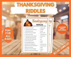 Having a Thanksgiving Party or just a family get together.🍗🦃 These Thanksgiving Riddles are a great idea to entertain the kids, tweens, teens and even great for adults Print out these printable Thanksgiving Jokes/Riddles for everyone at your Thanksgiving dinner to play Perfect to use for kids or Tweens and the laughter and fun you will hear when they answer these Turkey Day fun Questions Fun for your family Thanksgiving celebrations, Senior Party, Classroom thanksgiving parties, cub and girl s Thanksgiving Riddles, Thanksgiving Printable Games, Thanksgiving Parfait, Thanksgiving Party Games, Classroom Thanksgiving, Senior Party, Thanksgiving Jokes, Thanksgiving Facts, Thanksgiving Photos