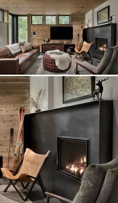 two pictures of a living room with fireplaces and couches in the same area