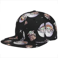 Fans of The Mandalorian will want to snatch up this limited-edition hat immediately! This super cool cap features a high-quality printed design of The Child that covers the entire hat from front to back. A bold black background makes every detail of little Grogu stand out vividly. This hat is made of durable, breathable polyester and has an adjustable snapback that makes it easy to find a comfortable, secure fit for fans of all ages. This Grogu All-over Printed Limited Edition Snapback Cap is an Black Snapback Baseball Cap With Letter Print, Black Fitted Baseball Cap With Letter Print, Black Fitted Hat With Letter Print, Trendy Black Snapback Hat With Flat Bill, Black Adjustable Snapback Hat With Letter Print, Adjustable Black Snapback Hat With Letter Print, Casual Snapback Baseball Cap With Graphic Print, Black Hip Hop Trucker Hat Flat Cap, Black Snapback Hat With Letter Print And Flat Brim