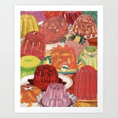 a painting of many different colored cakes