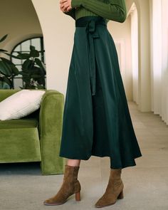 Midi Wrap Skirt Outfit, Green Midi Length Lined Skirt, Spring Green High-waisted Pleated Skirt, Green Flowy Full-length Skirt, Green Full-length Flowy Skirt, Relaxed Full-length Green Skirt, Casual Midi Dresses, Wrap Skirt Outfit, Satin Wrap Skirt