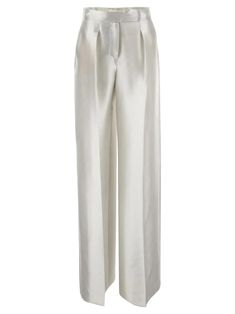 Max Mara trousers in grey silk with side pockets. The item is featured by hook and zip fastening, high waist and solid tone. Composition: 51% Silk, 49% Polyester | Max Mara Women's Tebano Satin Trousers in Silver | FW23/24 White Wide Leg Pants, Satin Trousers, Satin Pants, Gray Pants, Silk Trousers, Gray Silk, Pants White, Grey Pants, Max Mara