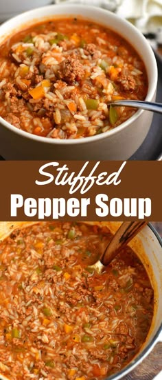 two bowls of stuffed pepper soup with spoons in one and another bowl on the other