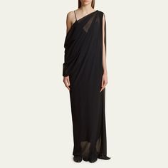 Khaite "Taj" dress with a draped detail Asymmetric neckline Sleeveless Column silhouette Full length Silk Dry clean Made in USA Draped Silk Dress, Long Drapes, Asymmetric Neckline, Bergdorf Goodman, Silk Dress, Made In Usa, Full Length, Tops Designs, Dry Clean