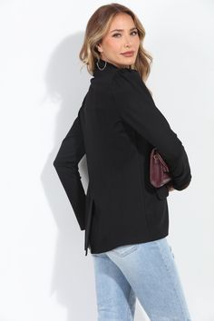 Fitted blazer with shirred shoulder details and shoulder pads! Two front pockets GOLD Button enclosure Color: Black Fits slightly fitted not oversized, if in between sizes, size up (meant to be worn fitted) 🔥 SIGNATURE STRETCH PONTI FABRIC UNLINED approx. length: 26 1/2" Machine wash cold, tumble dry low. Follow care label, instructions may vary by fabric. Made in USA J-280 Model height: 5 foot 9 inches Model is wearing a size small Black Blazer With Structured Shoulders For Office, Padded Shoulder Tops For Workwear In Fall, Black Structured Shoulder Blazer For Fall, Black Blazer With Structured Shoulders For Fall, Business Casual Blazer With Structured Shoulders And Long Sleeves, Classic Long Sleeve Blazer For Night Out, Fitted Blazer, Kimono Dress, Care Label