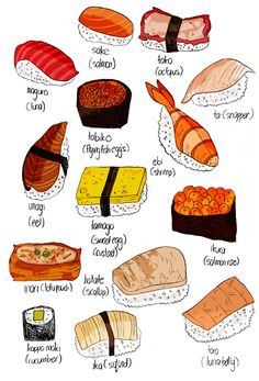 an illustration of sushi and other foods