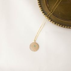 "The round disc measures 15mmx15mm with pave diamond set in a shape of crescent moon. The surface has soft brushed matt finish which is great contrast with sparkly gemstones. This necklace can be personalized by adding 1 to 5 birthstones that symbolizes star(s). * Disc size: ≈15mm x ≈15mm * Crescent: Natural white diamonds G SI ≈.17ctw * Birthstone : 1.5mm genuine gemstones * 14K diamond cut chain length: 18-20\" adjustable * Material : Solid 14k gold, rose gold, white gold * Made with 100% recy Celestial Round Birthstone Necklaces, Round Celestial Birthstone Necklace, Diamond Moon Charm Necklace With Round Pendant, Moon Charm Necklace For Anniversary, Round Moon Charm Necklace For Anniversary, Anniversary Moon Charm Necklace, Fine Jewelry Moon Charm Round Necklace, Celestial Round Moon Charm Necklace, Diamond Cross Necklace Gold