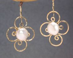 Delicate Gold Pearl Earrings Nickel Free, Gold Sterling Silver Pearl Earrings Nickel Free, Handmade White 14k Gold Earrings, Elegant Cream Earrings With Ear Wire, Elegant Cream Earrings Nickel Free, Elegant Cream Nickel-free Earrings, Nickel-free 14k Gold White Earrings, Nickel-free White 14k Gold Earrings, White 14k Gold Nickel-free Earrings