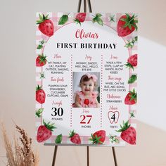 Strawberry First Birthday Photo Milestone Sign Editable Blank Strawberry Theme First Birthday, First Birthday Milestone, Milestone Board, Strawberry Party, Birthday Milestone, Milestone Poster, Unique Decoration, Foto Baby