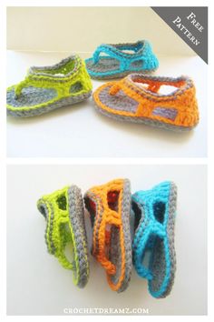 crocheted baby shoes are lined up on the table