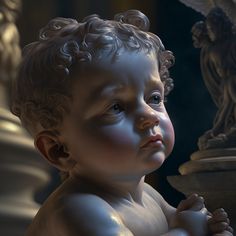 a close up of a small child near a statue