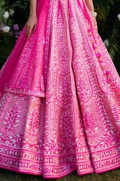 Fuchsia pink raw silk lehenga with an attached cancan and gota and thread embroidery. Comes with a padded blouse, a dupatta and a belt. - Aza Fashions Pink Sets With Motifs For Reception, Pink Traditional Wear With Motifs For Wedding, Pink Traditional Wedding Wear With Motifs, Bollywood Pink Sharara With Motifs, Festival Pink Motif Choli, Pink Fitted Dress With Motifs, Anarkali Pink Choli With Motifs, Anarkali Choli With Pink Motifs, Anarkali Style Pink Choli With Motifs