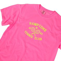 Serve up some serious style with the Hamptons Tennis Club T-Shirt! This preppy tee is the perfect way to add a pop of color to your to your summer wardrobe. Comfortable and stylish, it's perfect for the beach, pool or simply enjoying a warm day. But it's not just about style - this neon pink t-shirt, made by comfort colors is made with comfort in mind. Get ready to be the trendsetter this summer (and don't forget to size up for a trendy oversized fit!) Fabric: 100% Cotton Design: Neon Yellow hea Pink Hamptons, Preppy Hamptons, Hamptons Tennis, Neon Pink Shirt, Neon Pink Shirts, Club Tshirt, Preppy Tee, Tennis Club, Tennis Clubs