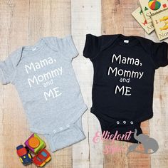 Mama Mommy and Me bodysuit. Show off that pride in your baby. Bodysuit is soft and comfortable for your little one. Perfect gift for baby shower or newborn gift. Make it a complete outfit by adding pants and a hat! Customizable Fitted Playful Onesie, Funny Fitted Onesie For Gender Reveal, Fitted Funny Onesie For Gender Reveal, Cute Cotton Onesie For Mother's Day, Unisex Cotton Onesie For Gender Reveal, Fun Fitted Cotton Bodysuit, Cute Unisex Onesie With Name Print, Unisex Cute Onesie With Letter Print, Unisex Onesie With Letter Print