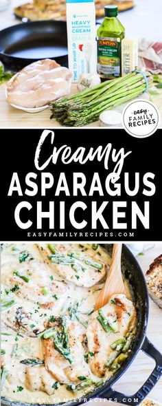 creamy asparagus and chicken in a skillet on a table with other ingredients