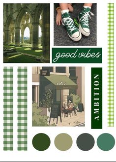 a collage of green and white images with the words good vibes written on them