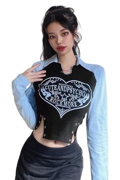 Retro Irregular Long Sleeve Crop Top - Crop Tops Egirl Soft, Goth Vintage, Egirl Clothes, Soft Girl Clothes, White Mini Skirt, Y2k Clothing, Y2k Clothes, Green Mini Dress, Punk Outfits